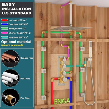Enga Shower Jets System, 16 inch Ceiling Rainfall Shower System with Spray Jets(Can All Run Together) Thermostatic Shower System with Handheld Shower Head and 6 Body Spray Jets, Brushed Nickel