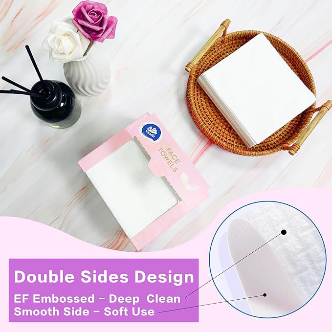 Vinda Face Towels, Disposable, XL facial towels, 50 Count - Thick 100% Rayon Fabric Dry Wipes for Sensitive Skin & Makeup Removal