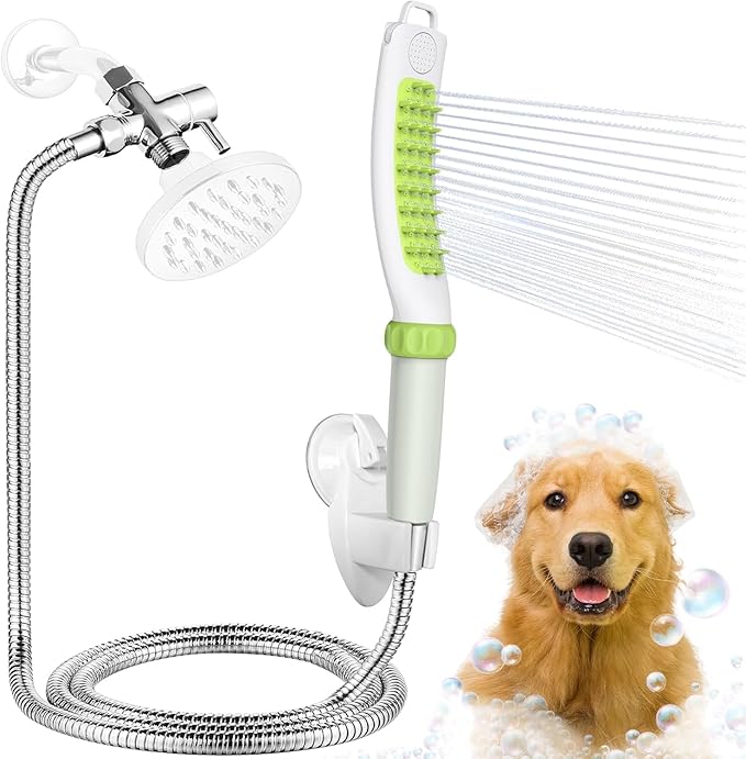 Dog Shower Attachment, Rubber Dog Grooming Bath Brush for Long & Short Haired Dogs and Cats, Pet Hair Scrubber For Washing, Deshedding, Massage, Stainless Steel Shower Hose