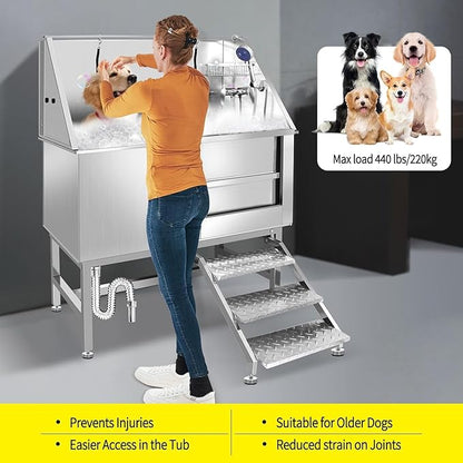 50 Inch Stainless Steel Dog Washing Station, Professional Grooming Tub with Stairs for Large Dogs, Home Bathtub for Pets with Hot & Cold Faucet