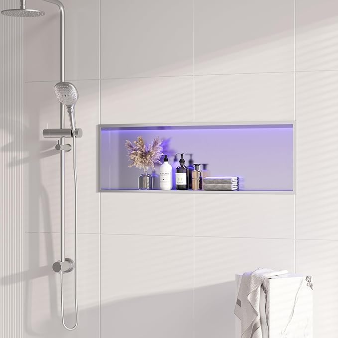 36X12 RGB Shower Niche, Brushed Nickel Stainless Steel LED Wall Niche, No Tile Needed Wall Cabinet for Bathroom Storage, 3000K Warm Light