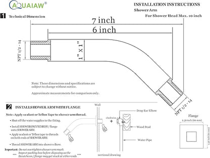 Aquaiaw Square Shower Arm and Anti-Scratch O-Ring Flange, 6 inch, Solid Brass, Both Soldered 1/2 NPT Tapered Threads, Shower Head Arm, Wall Mount Shower Extension Arm (PVD Brushed Nickel)