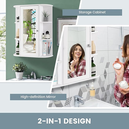 COSTWAY Wall Mounted Bathroom Cabinet, Storage Organizer with Mirror Door, 3 Adjustable Shelves & 6 Open Racks, Space-Saving Hanging Medicine Cabinet for Living Room Kitchen Entryway, White