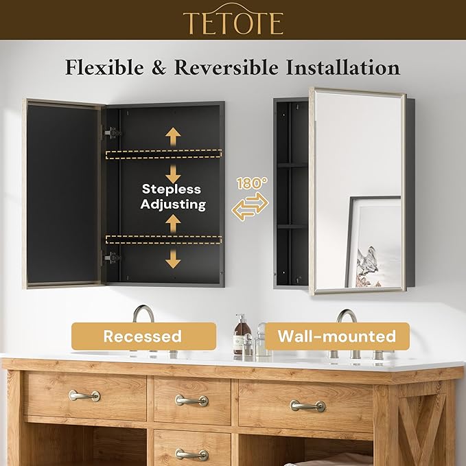 TETOTE Brushed Nickel Medicine Cabinet 24" x 30" Bathroom Mirror with Storage HD Glass Beveled Aluminum Frame Stepless Adjustable Shelves, Recessed or Wall Mount