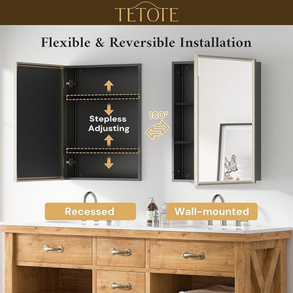 TETOTE Brushed Nickel Medicine Cabinet 24" x 30" Bathroom Mirror with Storage HD Glass Beveled Aluminum Frame Stepless Adjustable Shelves, Recessed or Wall Mount