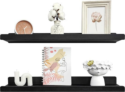 Wood Wedge Floating Shelves for Wall 24 inch, Photo & Picture Ledge, Black Modern Wall Storage Shelves with Lip, Kids Book Shelf, Shelves for Bedroom, Living Room, Bathroom, Kitchen, Set 2