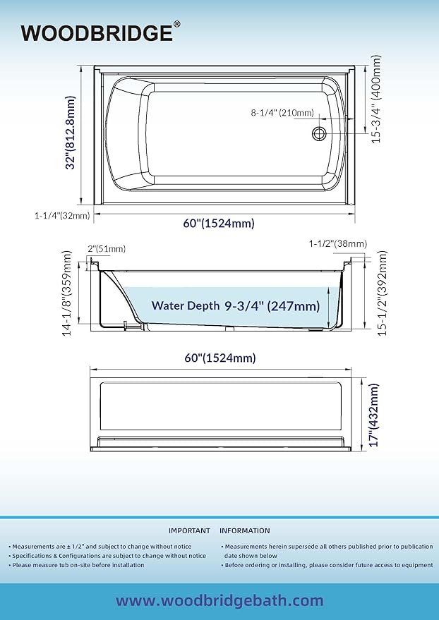 WOODBRIDGE 60” x 32” Alcove Soaking Bathtub in white with Right-Hand Drain Hole