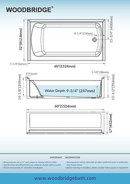 WOODBRIDGE 60” x 32” Alcove Soaking Bathtub in white with Right-Hand Drain Hole