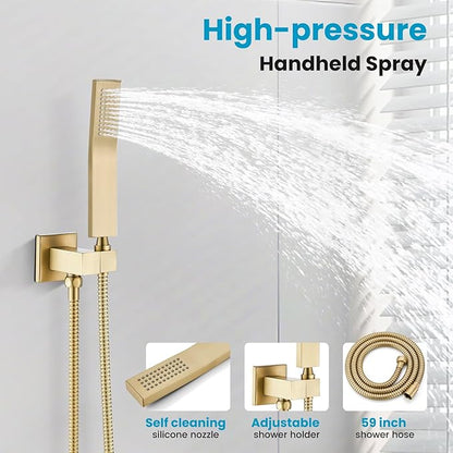 gotonovo Rainfall Bathroom Shower System Rain Shower Head and Handle Set Wall Mounted Shower Complete Combo Solid Brass Pressure Balancing Shower Mixer Valve 16 Inch Brushed Gold