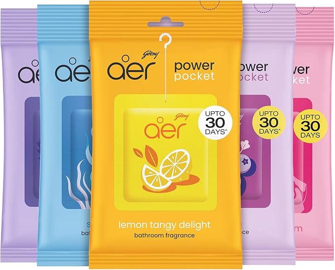 Godrej aer Power Pocket Bathroom Freshener – Assorted Pack of 5 (50g)| Lasts up to 30 days | Germ Protection