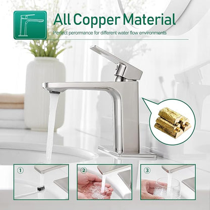 VOTON Brass Bathroom Faucet, Brushed Nickel Finish, Single Handle, 1 or 3 Hole Installation, Pop-up Drain, Flexible Hoses