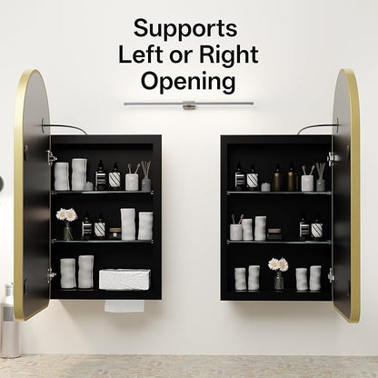 LED Arched Bathroom Medicine Cabinet with Mirror, No Assembly Needed, Recessed or Surface Mount Wall Storage Cabinet, Mirror Cabinet with Tissue Slot (Gold-LED, 29.5" L x 15.7" W)