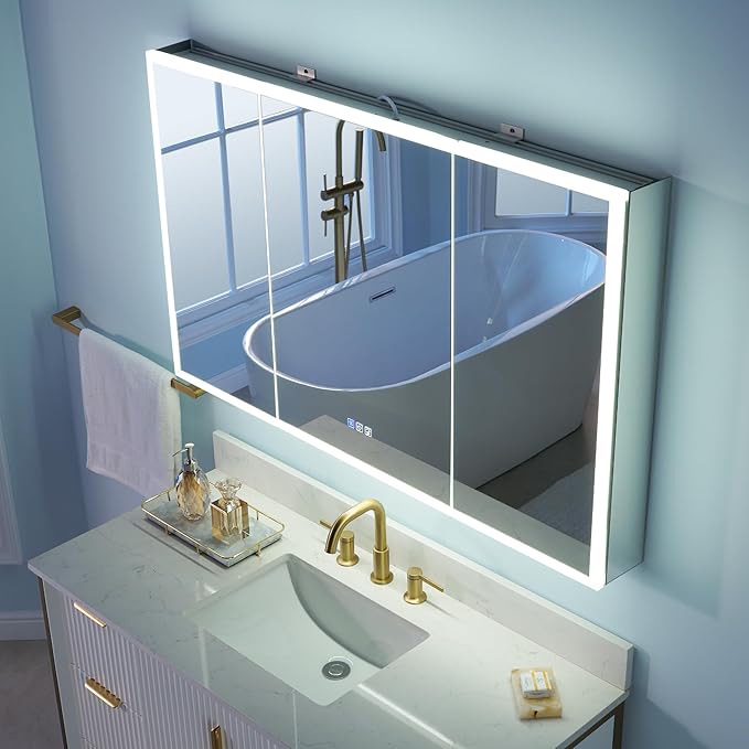 WELLFOR 48" X 30" LED Medicine Cabinet with Mirror, 3X Magnifiying Mirror Cabinet, Defogging/Dimmable Bathroom Mirrored Cabinet, Lighted Medicine Cabinet with Outlets & USB Ports, Three Doors