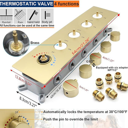 Thermostatic Shower System Dual Shower Heads with 16" Ceiling Mounted Rain Shower Head & 6" Wall Mounted Head 4 Function Shower System with body jets Can All Run Together, Brushed Gold