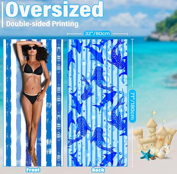 2 Pack Lightweight Thin Microfiber Beach Towel Sand Free Quick Dry Absorbent Compact Soft Pool Swim Travel Towels Extra Large Oversized Beach Accessories packable Essentials Stuff Gifts for Adult