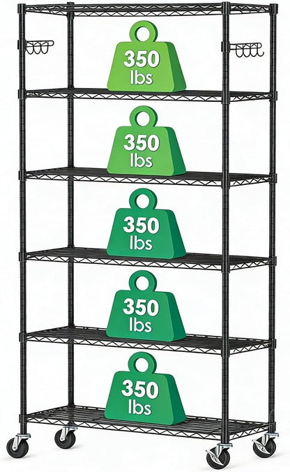 6 Tier Storage Shelves with Wheels Heavy Duty Wire Rolling Shelving Rack Organizer Garage Metal Steel Unit Adjustable Utility Commercial Sturdy Shelves for Kitchen Pantry Bathroom Closet Laundry
