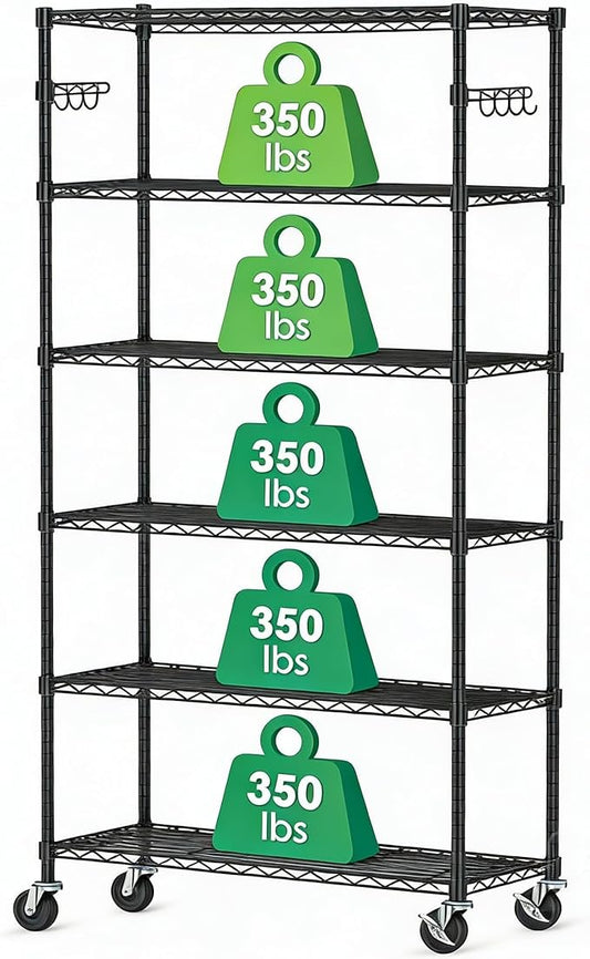 6 Tier Storage Shelves with Wheels Heavy Duty Wire Rolling Shelving Rack Organizer Garage Metal Steel Unit Adjustable Utility Commercial Sturdy Shelves for Kitchen Pantry Bathroom Closet Laundry