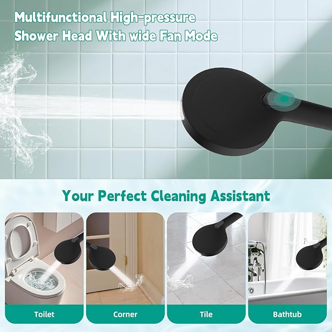 Hibbent High Pressure cUPC Certified 10-mode Shower Head, Handheld Showerhead with Adjustable Brass Joint Holder, 71" Metal Hose, Anti-clog Nozzles, Built-in Power Wash to Clean Tub & Pets, Black