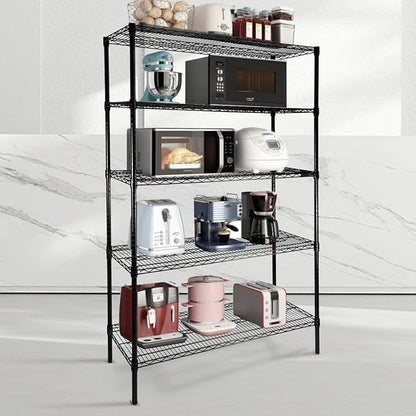 Heavy Duty 5-Tier Wire Shelving Adjustable Shelves Unit Metal Storage Rack Flat for Laundry Kitchen Pantry Garage Closet Organization (Black, 47.1" L x 17.6" W x 72.2" H)