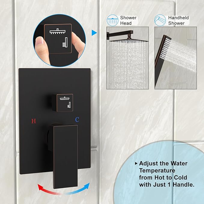 EMBATHER Oil Rubbed Bronze Shower System-12 Inches Shower Faucet Set with Square Rain Shower Head and Handheld High Pressure Shower Combo Set for Bathroom Wall Mounted (Contain Rough-in Valve & Trim)