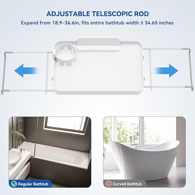 Bathtub Tray Caddy Expandable Bath Tray with Cup Holder Plastic Bathtub Caddy Shelf Stylish Bathroom Organizer for Candle Towel, Book, Wine, Phone, Shower