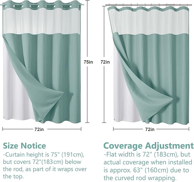 VANZAVANZU Hookless Shower Curtain with Mesh Top and Snap in Waterproof Liner, Waffle Weave, Weighted Magnets Hem, Machine Washable, 72 x 75 Inches – (Blue)