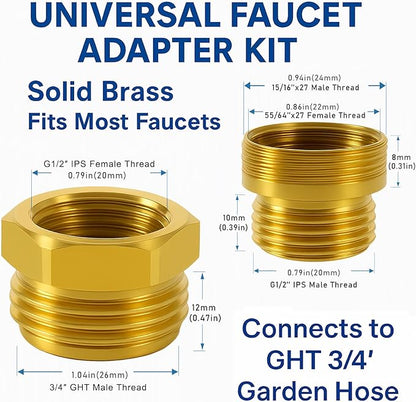 Shower Hose Adapter and Faucet Adapter Kit, Brass G1/2" Female, 55/64"-27 Female, and 15/16"-27 Male to 3/4" GHT Male Garden Hose Connector, with Washer and PTFE Tape