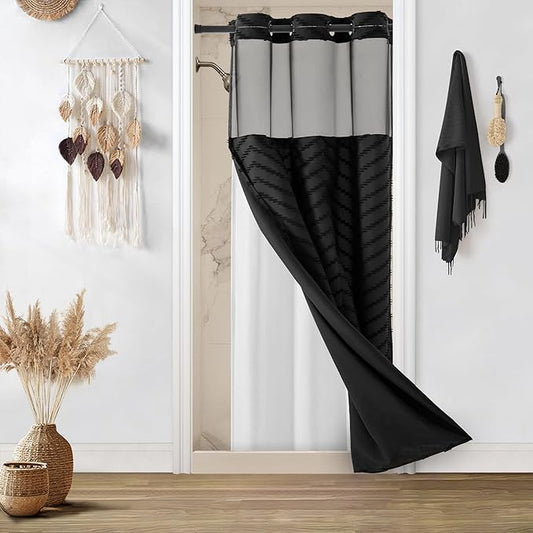 No Hooks Stall Fabric Shower Curtain with Snap in Liner- Water Repellent Tufted Chevron Striped Shower Curtains for Bath Tubs, Narrow Hotel Quality Bath Curtain Set, 36Wx74H, Black