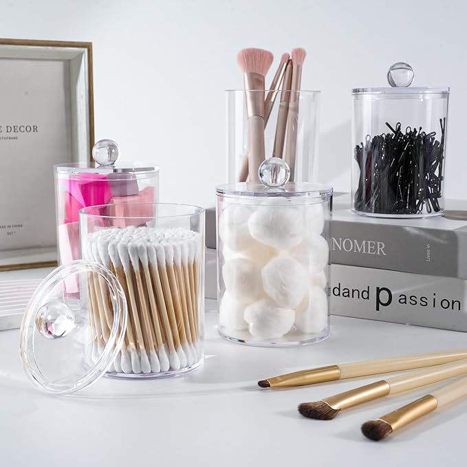 6 Pack Qtip Holder,Canister Apothecary Jar Set, Bathroom Jars with Lids Set for Cotton Swabs, Balls, Pads, Floss Picks,10oz-12oz Plastic Canisters Restroom Bedroom Vanity Organizer(Clear)