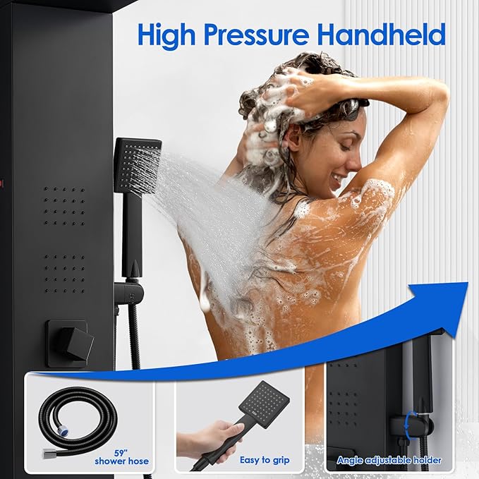 ROVOGO 46.5"H x 7.8"W Shower Panel Tower System with LED Lights, Rainfall Waterfall Shower Head, 4 Body Jets, Handheld Shower and Tub Spout, Stainless Steel Shower Column, Black