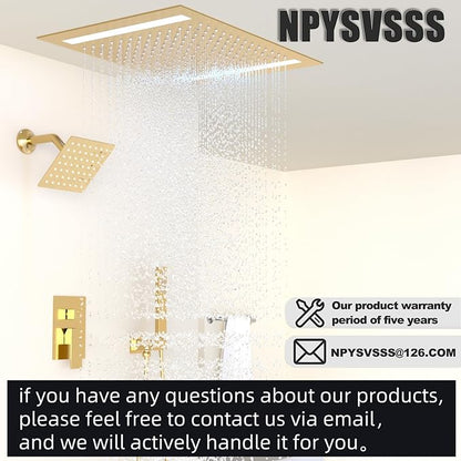 Rain Shower Head System with 14x20 Inch Ceiling Mount LED Head & 6 Inch Wall Head and Handheld Shower 3 Way Pressure Balance Valve Kit,Brushed Gold
