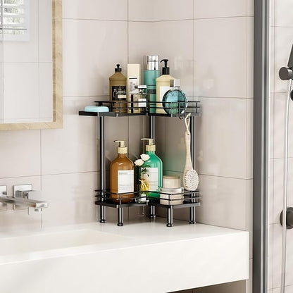 HapiRm Corner Shower Caddy Standing - 2 Tier Shower Organizer Corner with Soap Holder, Rustproof Bathroom Standing Organizer with 2 Hooks, Black