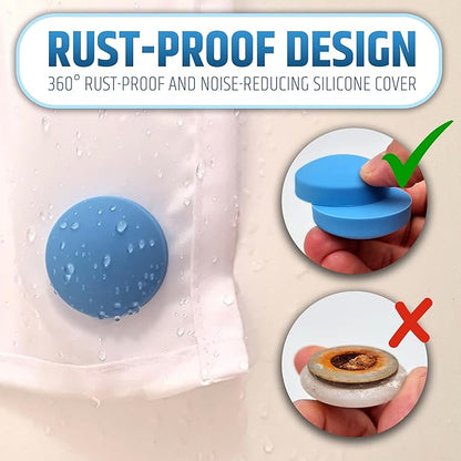 Powerful Anti-Billowing Magnetic Shower Curtain Weights for Splash-Free Bath Experience - 360° Silicone Wrapped - Will Never Rust - Heavy Magnets Prevent Curtain Liners from Blowing | 4 Pairs | Blue