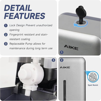 AIKE Wall Mount Liquid Soap Dispenser for Commercial Bathroom 27oz Large Capacity Manual Push Pump Silver
