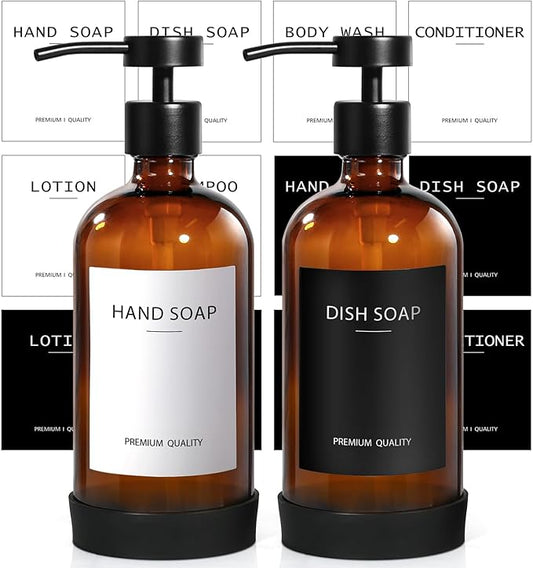 Amber Glass Soap Dispenser 2 Pack, Hand Soap Dispenser Bathroom with Stainless Steel Pump, 16.9 Fl oz Hand and Dish Soap Dispensers Set Kitchen, Modern Brown Soap Lotion Dispensers Bottle