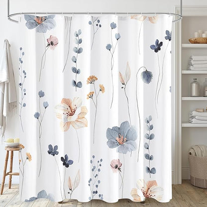 Gibelle Long Shower Curtain 72 x 78, Watercolor Floral Fabric Shower Curtain, Blue Beige Flower Decorative Bathroom Shower Curtain Set