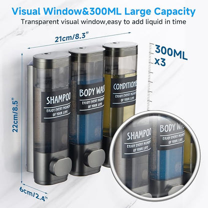 Shampoo and Conditioner Dispenser,GlintGath Shower Dispenser 3 Chamber No Drill Shampoo Dispenser for Shower Wall Mounted Shower Soap Dispenser for Bathroom Hotel,3 * 300ML,Gun Gray