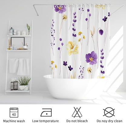 Gibelle Watercolor Floral Shower Curtain, Purple Yellow Flower Shower Curtain for Bathroom, Modern Minimalist Waterproof Fabric Shower Curtain Set 72x72 Inch