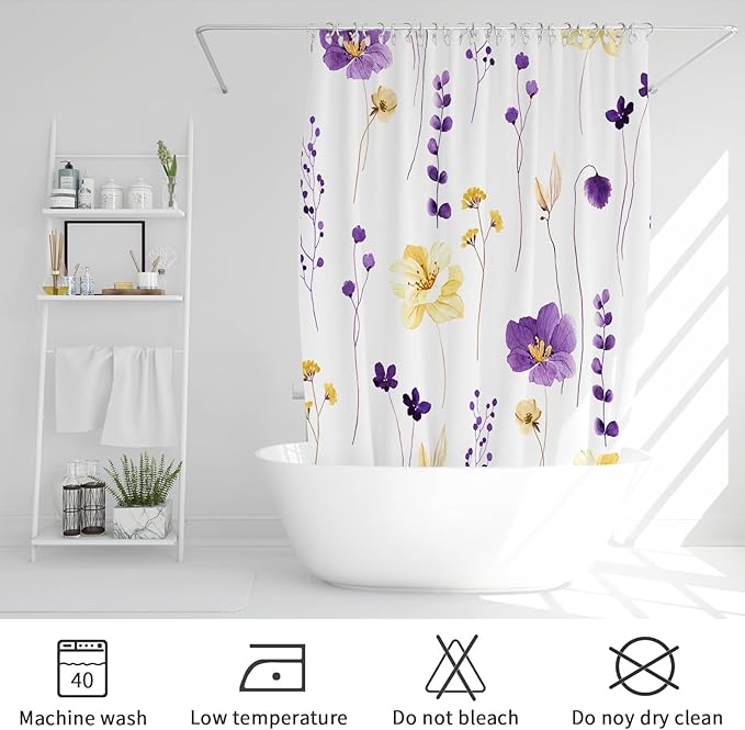 Gibelle Small Stall Shower Curtain 36 x 72, Narrow Half Watercolor Floral Fabric Shower Curtain, Purple Yellow Flower Decorative Bathroom Shower Curtain Set