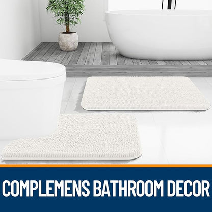 OLANLY Bathroom Rugs Sets 2 Piece, Soft Absorbent Chenille Bath Mats and U-Shaped Contour Toilet Mat Area Rug Set, Machine Washable Bath Carpet, Home Decor Accessories(30"x20"+24"x20", Ivory)
