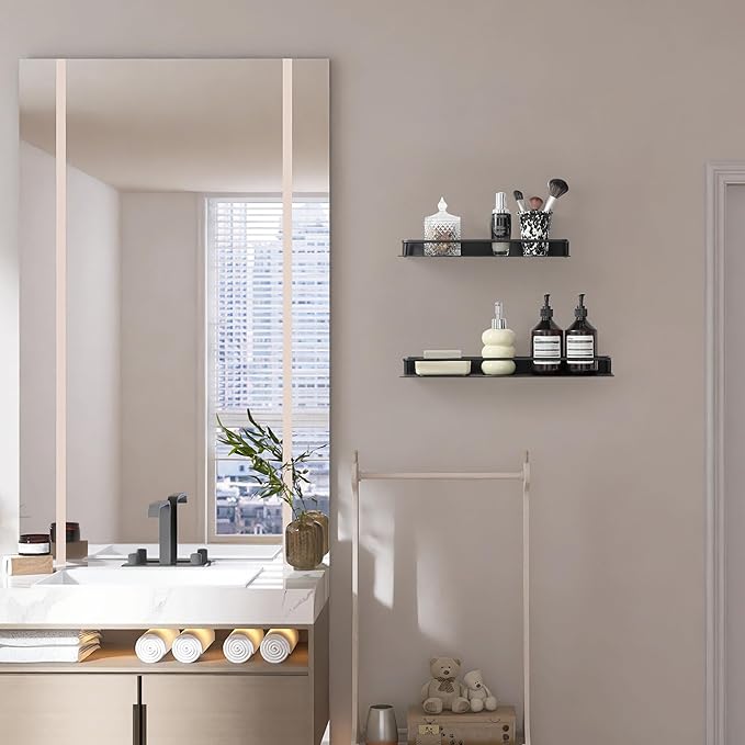 Metal Wall Shelf, Metal Floating Shelf, Black Floating Shelf, Small Shelf for Wall, Display Shelves for Bathroom Bedroom Kitchen (Black, 12Inch)
