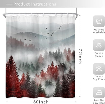 Riyidecor Red Black Mountain Shower Curtain 60Wx72H Inch Nature Woods Scenery Foggy Scenic Landscape Woodland Rustic Landscape Natural Bathroom Decor Fabric Polyester Waterproof 12 Pack Hooks