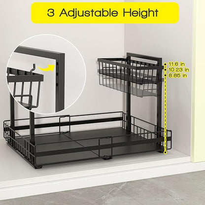 NADAMOO Expandable Under Sink Organizer 2-Tier Black Metal Storage Shelf, Adjustable Under Cabinet Organizer for Kitchen & Bathroom, Space-Saving Rack for Cleaning Supplies & Laundry Essentials