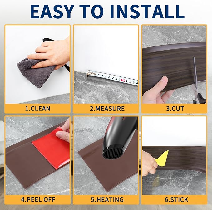 Flexible Baseboard Molding Trim 4 Inch Self-Adhesive Vinyl Wall Base Peel and Stick Cove Base Rubber Wall Baseboard Moulding Trim (60Ft, Brown Oak)
