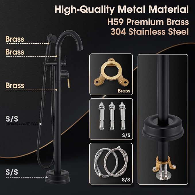 Freestanding Bathtub Faucet Black & Rose Gold Tub Filler High Flow 6.65GPM@60PSI Floor Mount Tub Faucets with Vintage Hand Shower