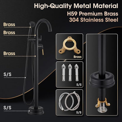 Freestanding Bathtub Faucet Black & Rose Gold Tub Filler High Flow 6.65GPM@60PSI Floor Mount Tub Faucets with Vintage Hand Shower