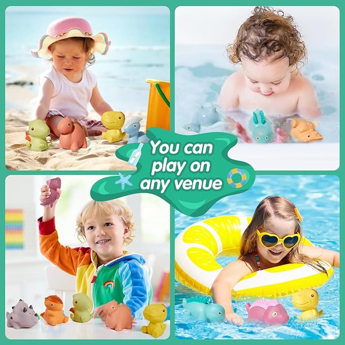 Bath Toys, Dinosaur 9 Pack | Sealed, No Hole & Mold Free Bath Toys Design | Soft, Squeezable & Float on Water | Safe & Non-Toxic Easy-Grip Baby & Toddler Bath Toy Set | Baby Pool Toys