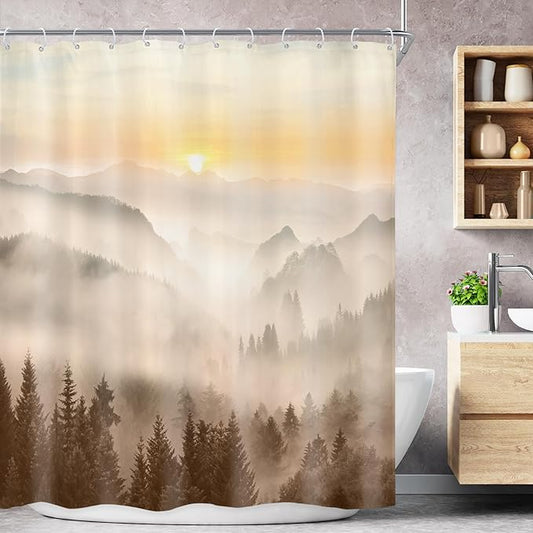 Riyidecor Misty Mountain Shower Curtain 60Wx72H Inch Brown Sunrise Nature Scenery Foggy Pine Tree Woodland Modern Natural Landscape Men Cool Bathroom Decor Fabric Polyester Waterproof 12 Pack Hooks