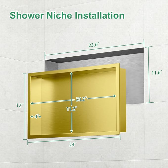 SaniteModar Shower Niche, Stainless Steel Shower Niche 12" X 24" No Tile Needed, Recessed for Bathroom Storage, Brushed Gold (Brushed Gold, 12x24)