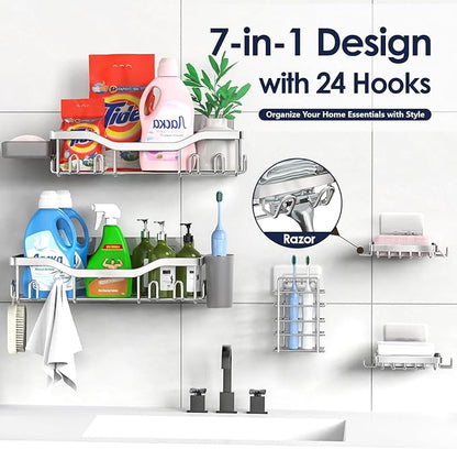Shower Caddy Adhesive Shower Organizer 7-Pack, Rustproof Stainless Steel Bathroom Shelves, Large Capacity No-Drill Rack Storage Accessories with Soap Dish Toothbrush Holder Hooks (Silver)